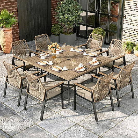 MIXPATIO 9 Pcs Outdoor Dining Set, 8 Rattan Fixed Chairs with Soft Cushion and 57.5" Square Table with Umbrella Hole, Patio Table and Chairs for Backyard Porch