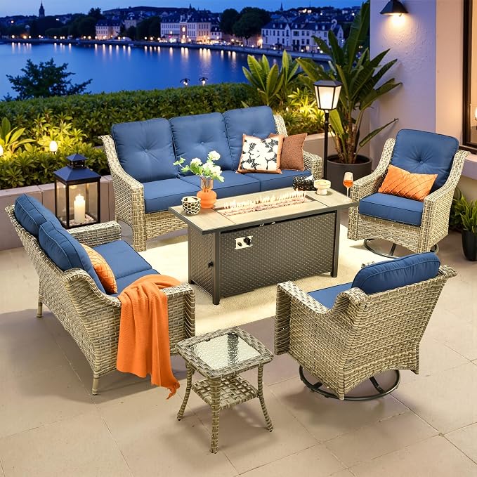 6 PCS Outdoor Patio Furniture Sets,Patio Conversation Sets Outside Rattan Soft Cushion Sofa with 2 Wicker Rocking Chairs & 54 in Fire Pit Table Fit Backyard Porch Garden Poolside Balcony,Navy Blue