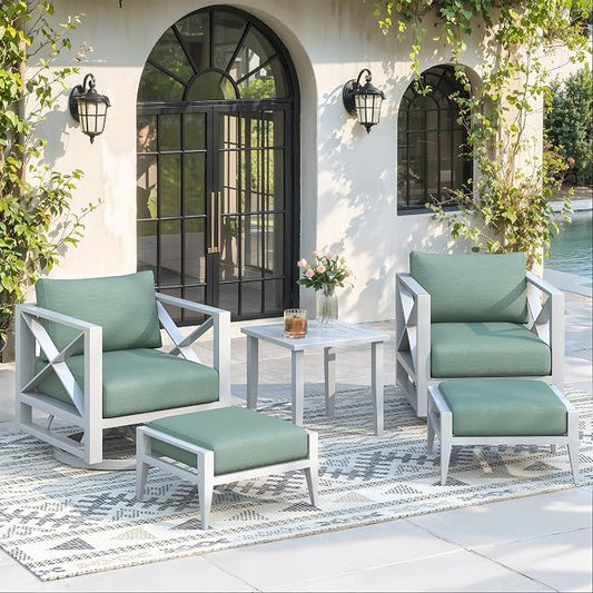 5-Pieces Square Aluminum Patio Furniture Set, Outdoor Swivel Rocking Chairs with 5.2" Thick Cushions & 2 Ottomans, All-Weather Rust-Resistant Frame Conversation Set for Porch, Garden, Backyard, White