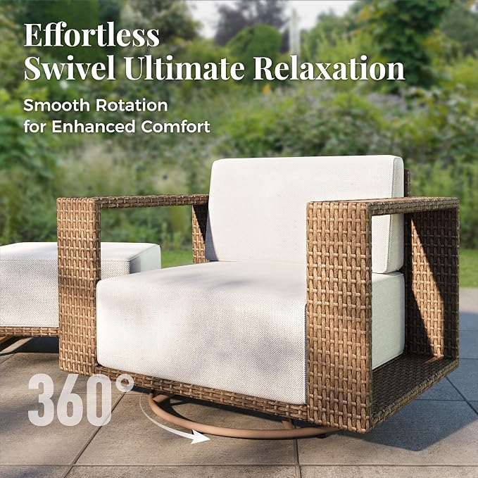 MIXPATIO Patio Furniture Set with Swivel Chairs, 6 Piece Outdoor Yellow Rattan Wicker Conversation Sets, Deep Seating Sofa with 10" Thick Cushions, Low Profile Deck Backyard Lawn Furniture