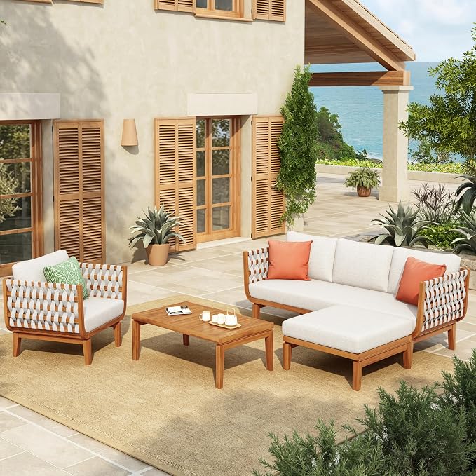 Merax 4 Piece Rope Woven Paito Conversation Set,Outdoor All-Weather Acacia Wood 3-Seater Sofa,Lounge Chair with Ottoman and Cushions,1 Coffee Table for Porch, Lawn, Backyard, Balcon, Teak+ Beige