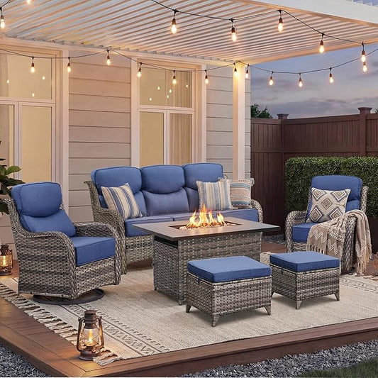 Luxury Patio Furniture Set with Fire Pit Table-6 Pieces All Weather Outdoor Swivel Rocker Chairs with Sofa and Ottomans. Outdoors Patio Conversation Sets for Porch Deck Garden Backyard(Grey/Blue)