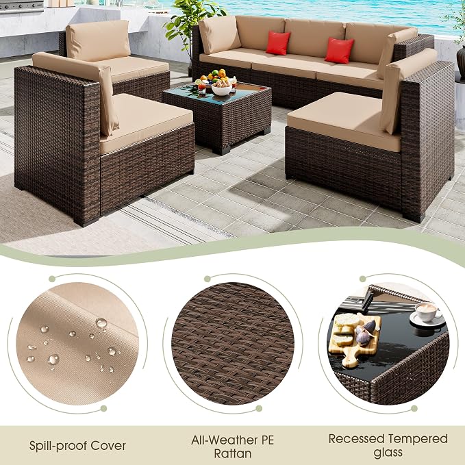 LHBcraft 7 Pieces Outdoor Furniture Set, Wicker Furniture Patio Conversation Sets with Tea Table and Thickened Beige Cushions, Outdoor Patio Sectional Sofa for Garden, Poolside, Backyard
