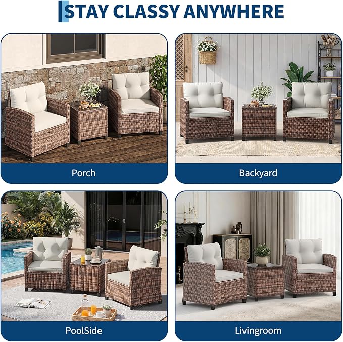 Garvee 3 Piece PE Rattan Patio Furniture Set, Outdoor Chairs and Table Set with Tempered Glass Tabletop and Cushions, Patio Conversation Set for Patio, Balcony, Poolside, Brown and Beige