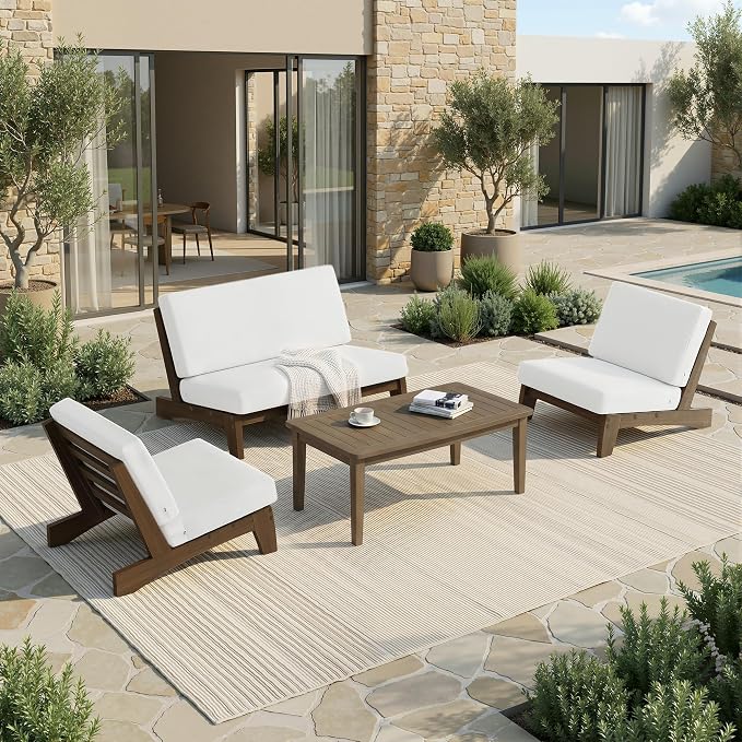 Pia Ricoo 4 Piece Patio Furniture Sets, Outdoor Furniture with 2 Chairs & Coffee Table, Patio Conversation Set for Backyard, Deck, Lawn, Beige