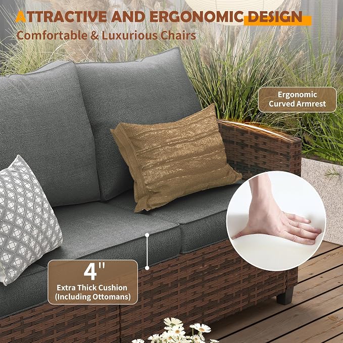 UDPATIO Patio Conversation Set, 5 Pieces Outdoor Furniture Set, All-Weather Wicker Rattan High Back Outdoor Sectional Sofa Set with Ottoman for Poolside, Backyard, Brown Wicker Dark Grey Cushions