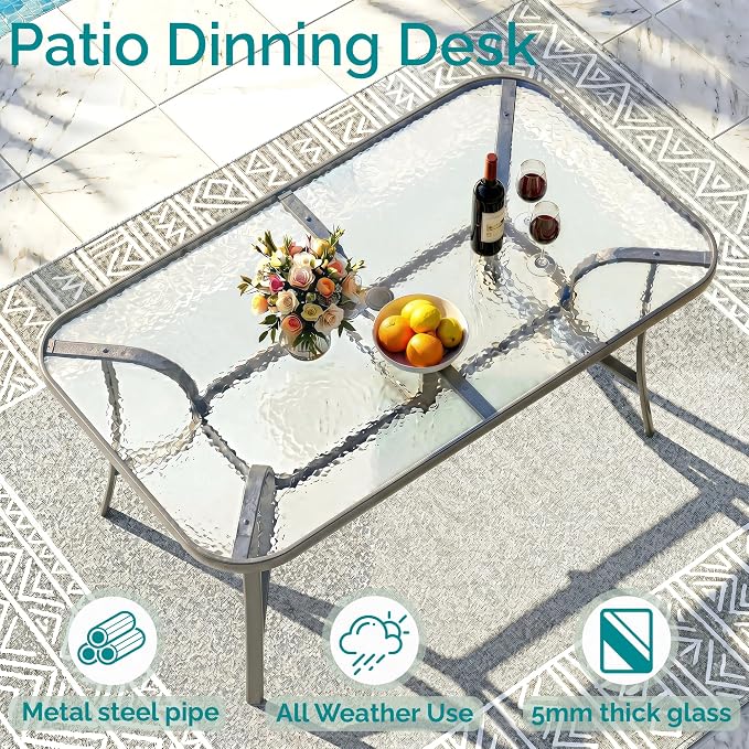 MAMIZO 7 Pieces Patio Dining Set for 6, Outdoor Table and Chairs w/Rectangle Glass Table and 6 Textilene Stackable Chairs, Patio Furniture Set w/1.69" Umbrella Hole (Grey Table & Brown Chair)
