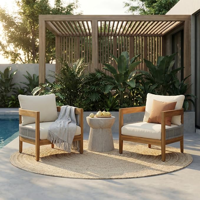 Merax 27.5" Outdoor Curved Accent Chair with All-Weather Cushions Set of 2, Acacia Wood Frame Single Club Chair for Porch, Lawn, Backyard, Balcony, Teak+ Beige
