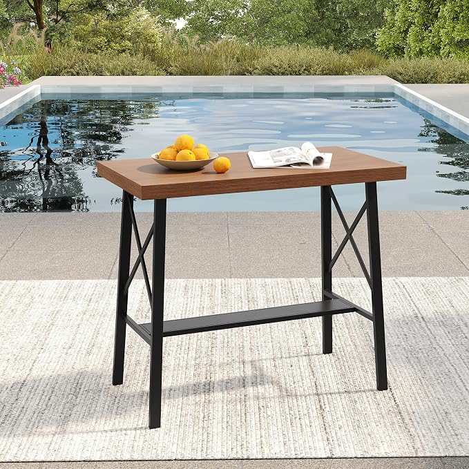 VICLLAX Patio Bar Table Rectangle Outdoor Counter Height Dining Table for Patio Garden Backyard Poolside, Walnut