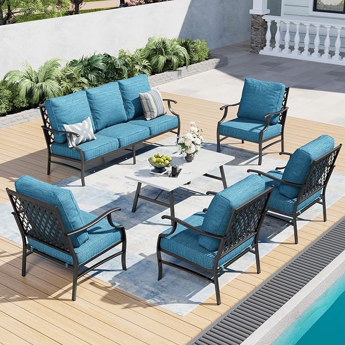 SUNSHINE VALLEY 6 Piece Metal Outdoor Patio Furniture Set, Patio Conversation Sets 1 3-Seater Sofa, 4 Fixed Chairs with 5.75" Thick Cushion and Coffee Table, Backyard Furniture Set for Deck, Blue-2
