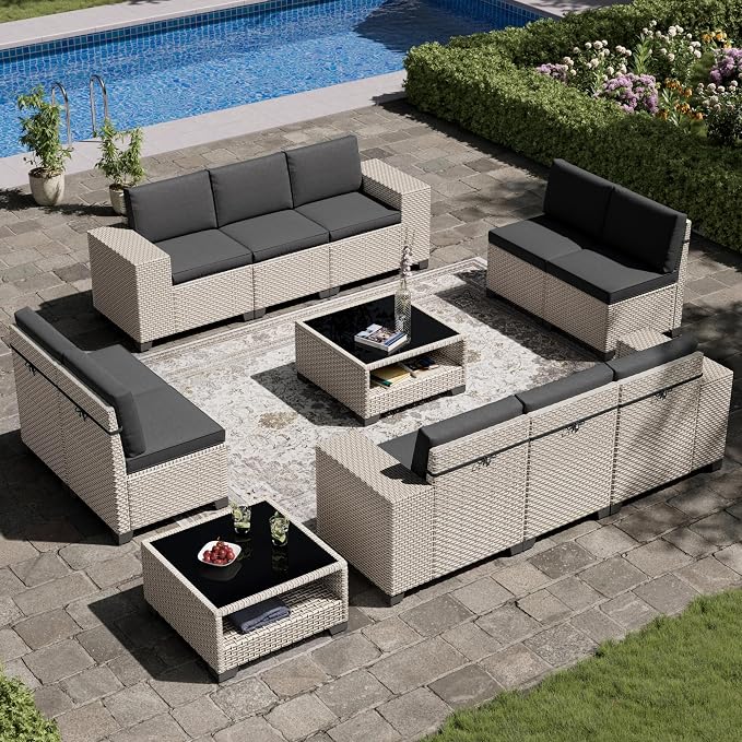 12-Piece Outdoor Patio Furniture Set, Modular Sectional Sofa Set with Glass Coffee Table and Cushions, Wicker Outdoor Couch Conversation Sets, Black