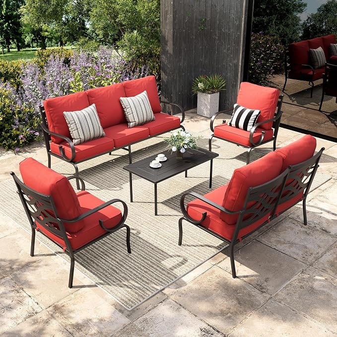Sophia & William Patio Conversation Set for 7, a Loveseat, 3-Seater Sofa, 2 Fixed Chairs and a Coffee Table, Metal Outdoor Furniture with 5.75" Extra Thick Cushions, Red