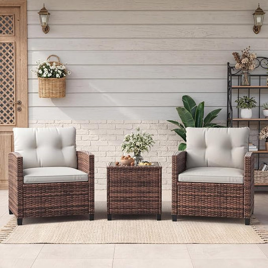 GarveeHome 3-Piece Outdoor Wicker Sofa Set, PE Rattan Patio Furniture with Removable Washable Beige Cushions & Tempered Glass Table, Conversation Seating for Garden, Poolside, Balcony, Brown Wicker