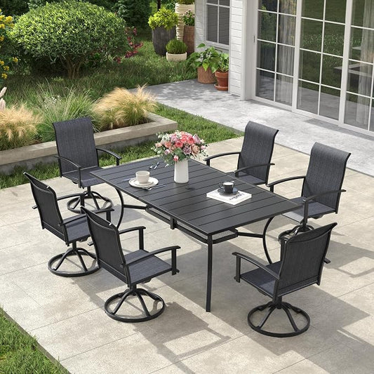 VICLLAX Outdoor Table and Chairs Set for 6, Patio Dining Set of 59 Metal Rectangle Patio Table with Umbrella Hole & 6 Swivel Outdoor Dining Chairs for Backyard Lawn, Charcoal & Black