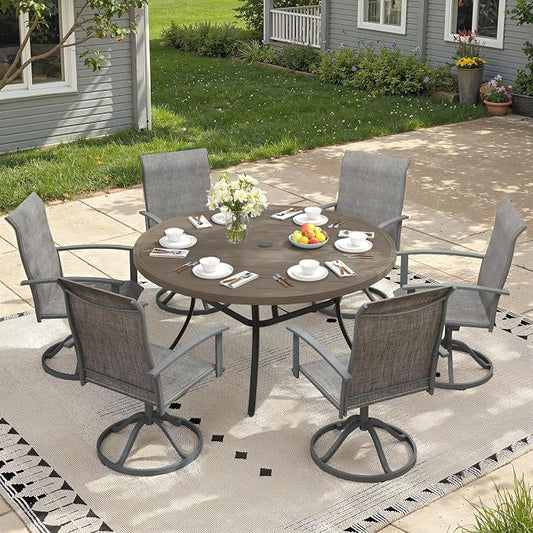 7 Pieces Round Patio Dining Set, Outdoor Furniture of 50" Round Patio Table and Patio Swivel Chairs for Backyard Lawn Garden, Grey Table and Grey Chairs