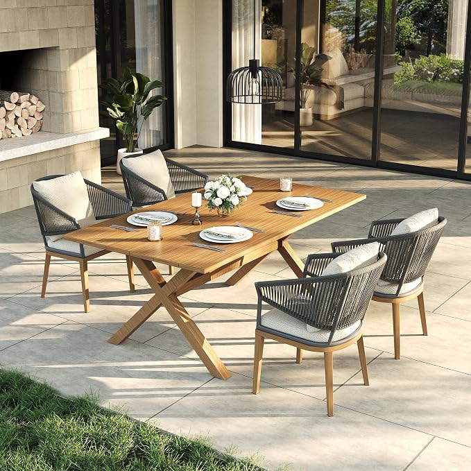 LayinSun 5 Piece Outdoor Dining Table Set, Aluminum Modern Rectangular Dining Table and All-Weather Wicker Chairs Set for Patio Deck Indoor Decor Kitchen