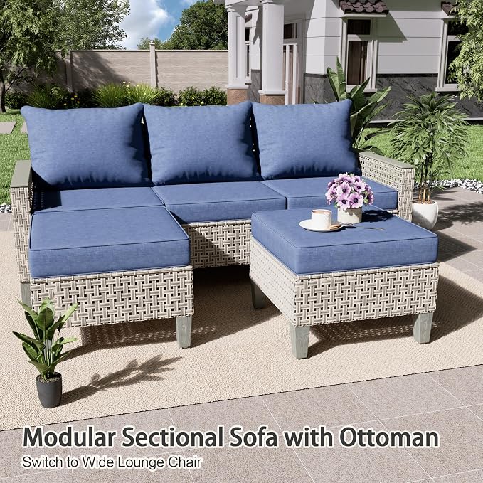 Outdoor Patio Furniture Set with Rattan Fire Pit Table 8-Piece Modular Wicker Sectional Sofa with Ottomans and Thick Cushions, Modern Rattan Outdoor Conversation Couch, Navy
