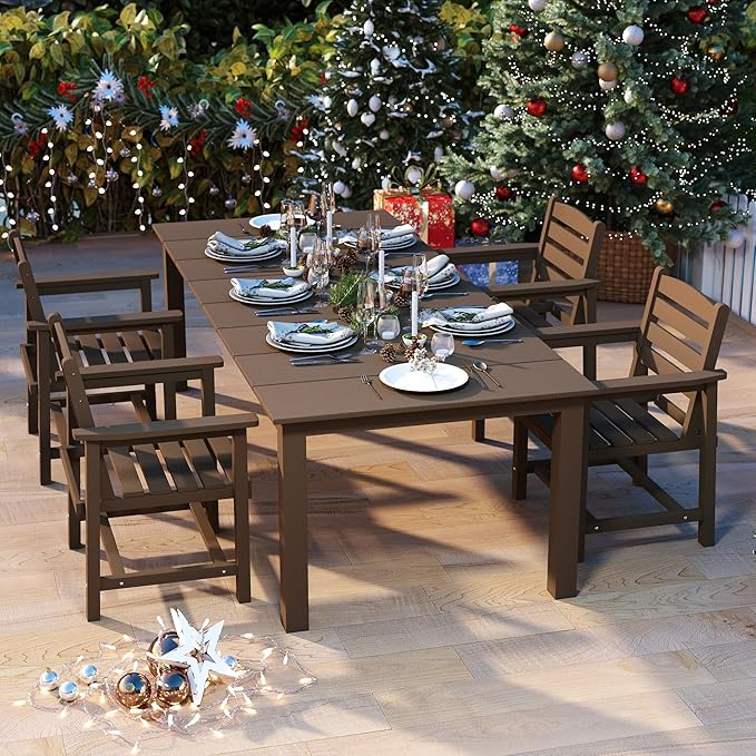 HDPE 5-Piece Outdoor Dining Set with Armchairs, Brown | All Weather Patio Table and Chairs with Umbrella Hole, Patio Furniture Dining Set for Lawn, Garden, Deck, Backyard