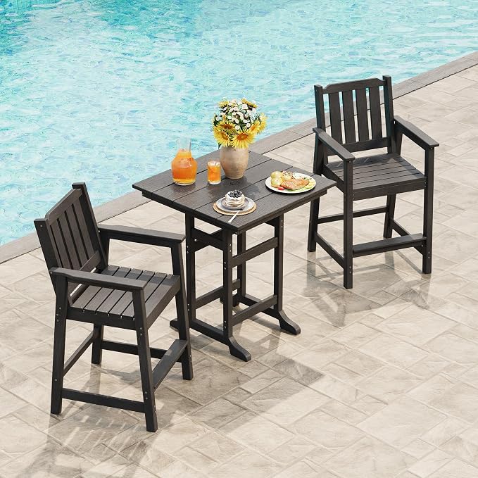 3-Piece HDPE Outdoor Bar Table and Stools Set, 39.6" Tall Pub Table with Umbrella Hole and 2 Counter Height Chairs, Weatherproof Patio Dining Furniture for Backyard, Balcony, Bistro, Dark Grey