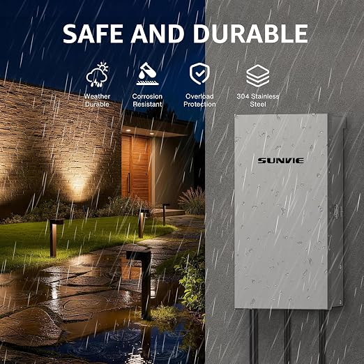 SUNVIE 300W Low Voltage Transformer with 3 Zone, Photocell Sensor & Timer | 120V to 12V/14V AC Landscape Transformer, 304 Stainless Steel, Circuit Protection, for Garden Lights Path Lights Spotlights