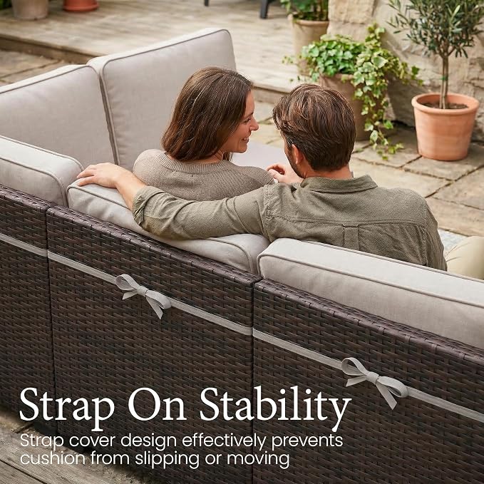 LayinSun 7 Pieces Outdoor Patio Furniture Set with 44" Fire Pit Table Brown Rattan Sectional Sofa Conversation Sets