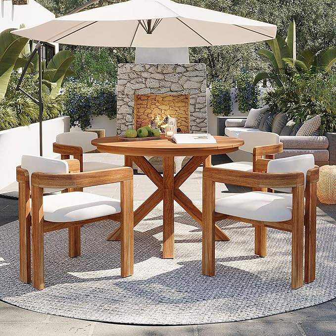 VilroCaz Acacia Wood Outdoor Dining Set for 4, All-Weather Outdoor Round Dining Table and 4 Barrel Chairs & Removable Cushions, 5-Piece Patio Furniture for Backyard Deck Poolside (Beige-ZD)