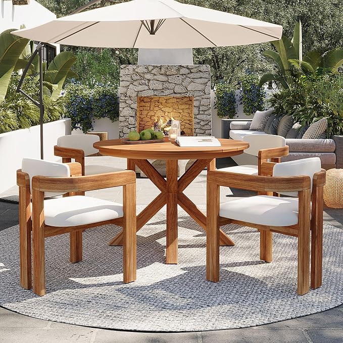 5-Piece Outdoor Acacia Wood Round Dining Set, All-Weather Round Dining Table and 4 Barrel Chairs & Removable Cushions, 5-Piece Patio Furniture for Backyard Deck Poolside (Beige Cush)
