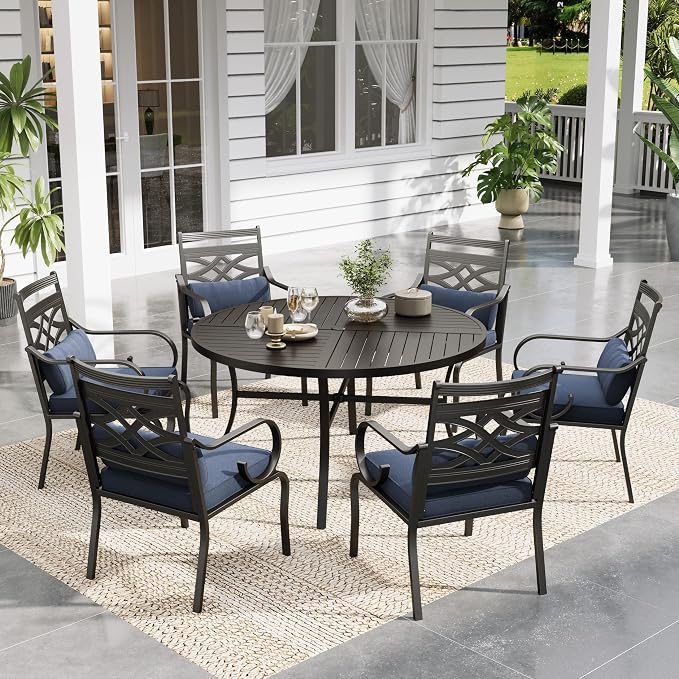 Sophia & William Patio Dining Set, Steel, Black | Umbrella Hole, E-Coated, Cushions Included, For Patio, Garden and Yard