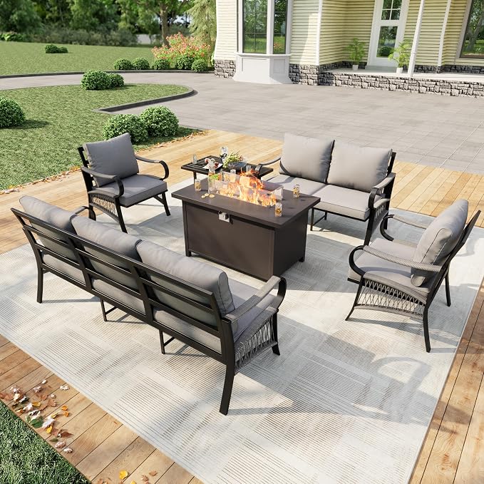 6 Pieces Patio Conversation Sets, All Weather Metal Outdoor Furniture Set 3-Seater 2 Single Chairs 1 Loveseat with Coffee Table and Fire Pit Table for Backyard Garden Deck Porch Poolside, Gray