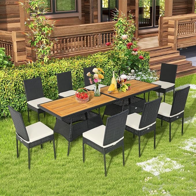Tangkula 10 Piece Wicker Patio Dining Set, Outdoor Rattan Table & Chairs Set with Padded Cushions, Patio Furniture Dining Acacia Wood Table Set for Balcony Patio Garden Poolside