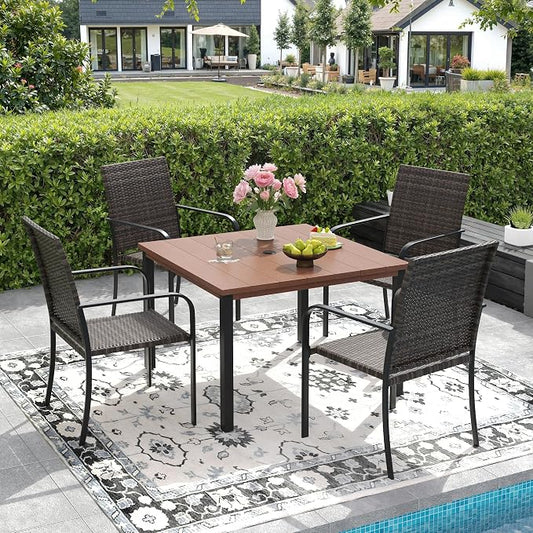 DIFY 5 Piece Outdoor Dining Set for 4, 40.2" Walnut Square Metal Dining Table with Umbrella Hole and Stackable Wicker Patio Chairs, All-Weather Patio Table and Chairs Set for Deck Garden Backyard