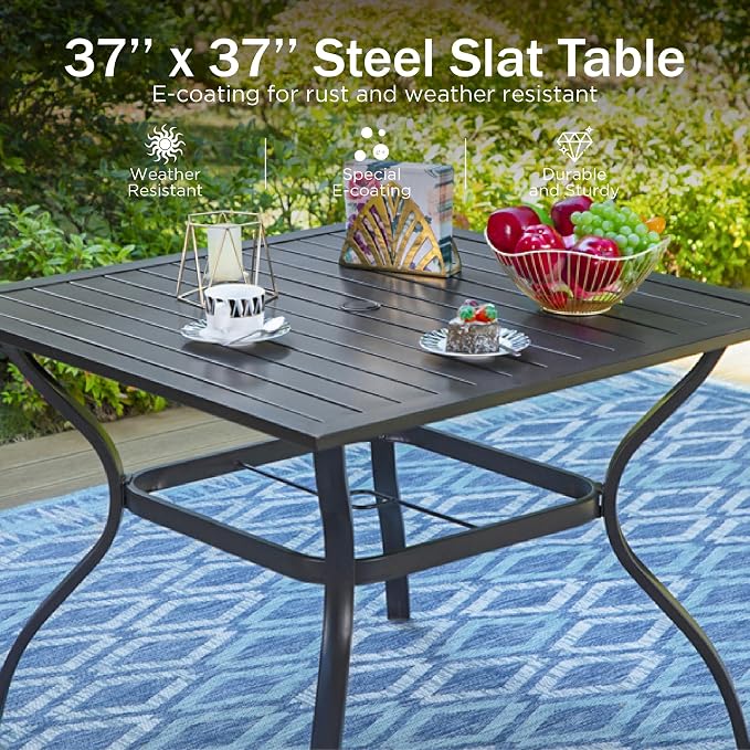 PHI VILLA Patio Dining Set, Swivel Chairs, Square Metal Table | Metal chairs, Hexagon Back Swivel Chair, Umbrella Hole, 360° swivel, rocking, cushioned, E-coated, powder-coated
