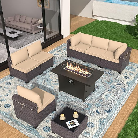 Patio Furniture Set with Aluminum Fire Pit Table 8 Pieces Outdoor Sectional Sofa Set,PE Rattan Wicker Patio Conversation Set w/43in 55000 BTU Propane Fire Pit Table,Sand