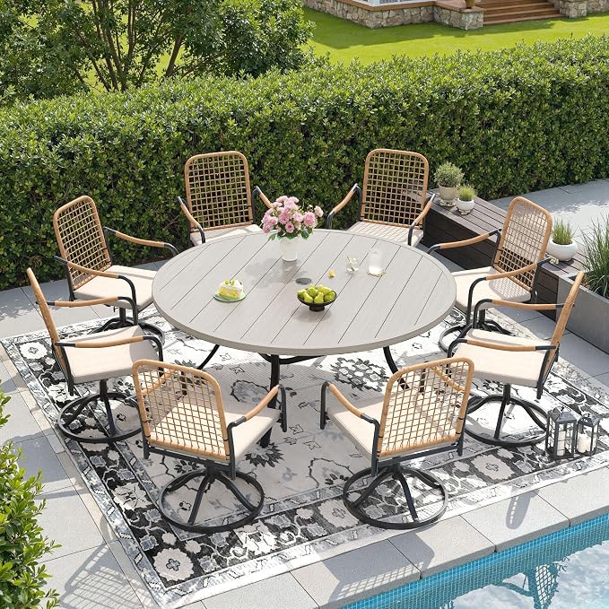 DIFY 9 Pieces Outdoor Dining Set for 8, 63" Round Dining Table with Umbrella Hole & Wicker Swivel Patio Chairs with Cushions, Metal Patio Table and Chairs Set for Backyard Porch, Grey Wood-Like