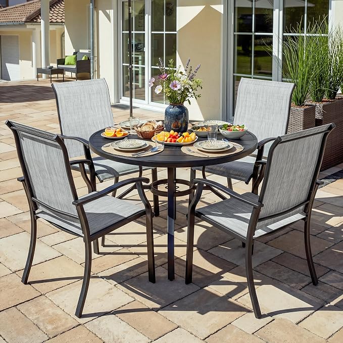 NUU GARDEN 5-Piece Patio Dining Set with Umbrella Hole, Outdoor Furniture Set Includes Round Patio Table, 4 Textilene Dining Chairs, Outdoor Dining Set for Backyard Garden Poolside, Gray and Black