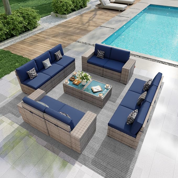 12 Pieces Patio Conversation Set, Rattan Furniture Set with Wide Armrests and Coffee Table, Outdoor Modular Sectional Couch Wicker Sofa for Garden Backyard Balcony Porch Deck (Blue Cushions)