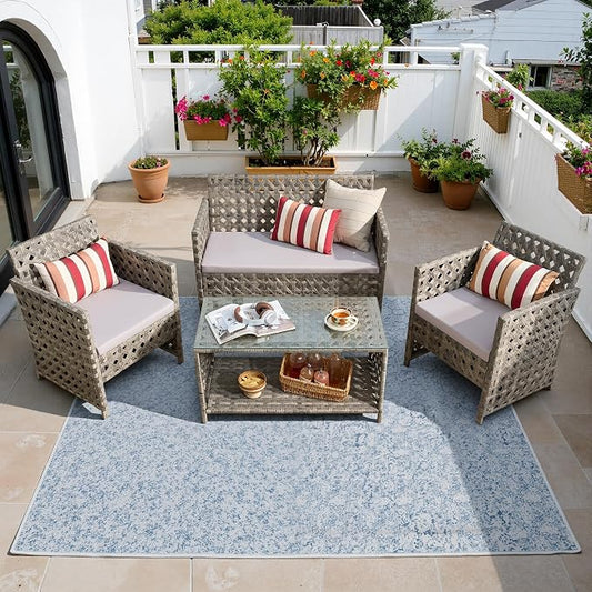 HOOOWOOO 4 Pieces Patio Furniture Set,PE Wicker Outdoor Conversation Sets,Weather Resistant Loveseat with High Back Chairs Table for Porch Balcony Yard Deck,Light Gray