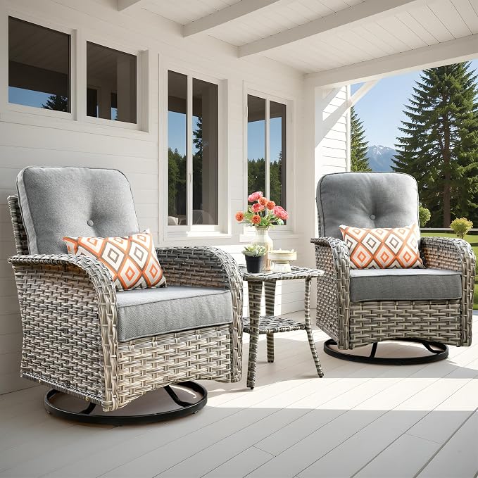 Outdoor Swivel Rocker Patio Chairs,Wicker Glider Swivel Rocking Chair Set of 2,Patio Rocking Swivel Chair Set with Rattan Side Table,Dark Gray