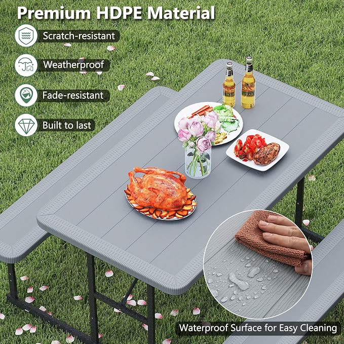LDAILY Picnic Tables with Benches, Rectangular Dining Table Set for Outside 4 People, HDPE Tabletop, Metal Frame, Umbrella Hole, Heavy Duty Picnic Table for Outdoors, Patio, Lawn, Commercial (Gray)