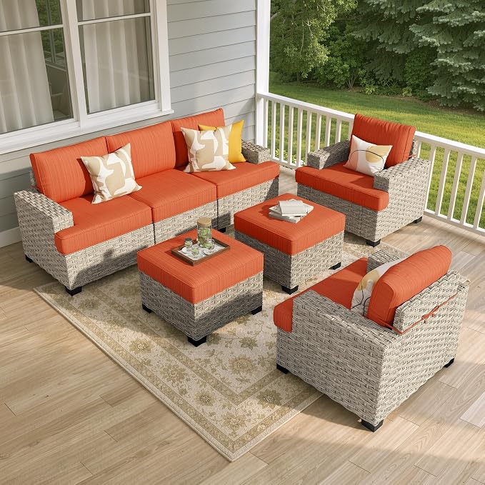Weaxty 7 Pieces Outdoor Furniture Set, Patio Sectional Sofa Wide Seats Couch Chair with Ottoman, Thick Cushion All-Weather Rattan Patio Conversation Sets for Backyard Porch Balcony, Orange Red