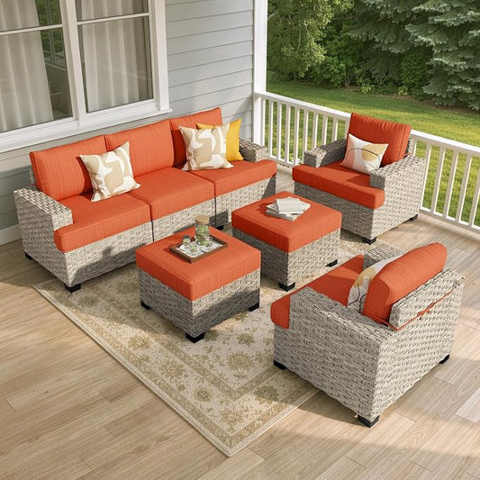 Weaxty 7 Pieces Outdoor Furniture Set, Patio Sectional Sofa Wide Seats Couch Chair with Ottoman, Thick Cushion All-Weather Rattan Patio Conversation Sets for Backyard Porch Balcony, Orange Red
