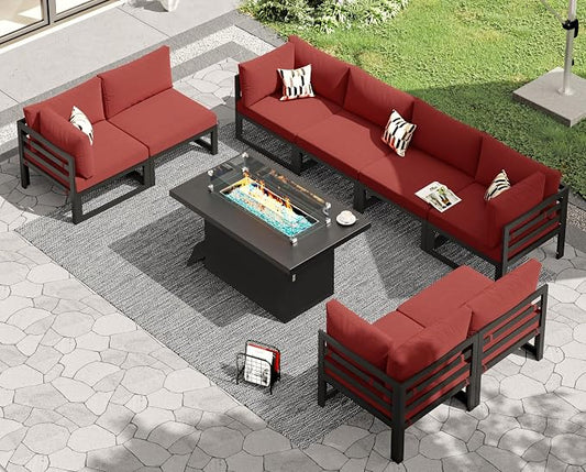 RADIATA 8 People Large Luxury Aluminum Patio Conversation Set with Fire Pit Table Propane/Gas, 29" Deep Wide U Shaped Sectional Couch, 500 lbs Heavy Duty All Weather Outdoor Sofa for Front Yard, Red