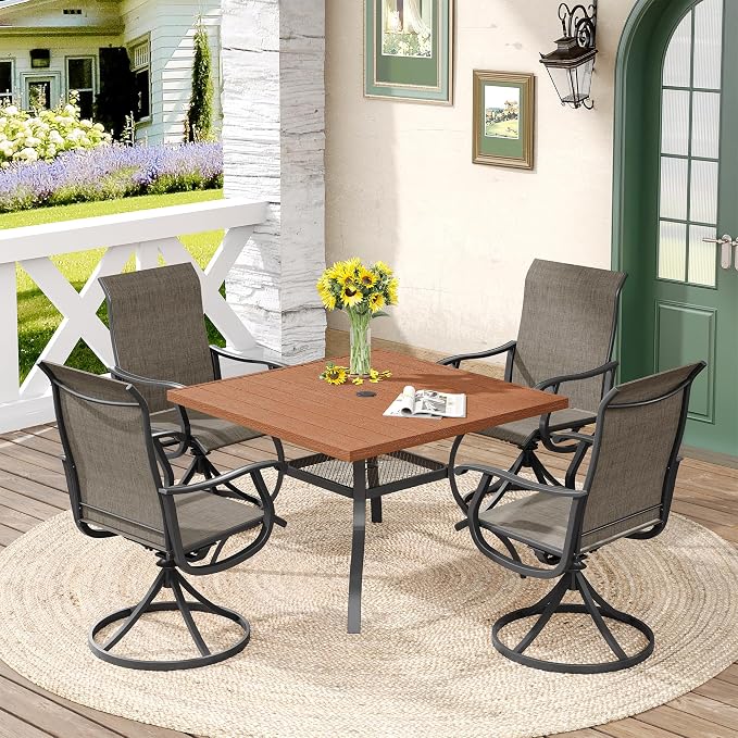 DIFY 5 Pieces Outdoor Patio Dining Set for 4, 38.6" Walnut Square Patio Dining Table and 4 Brown Swivel Textilene Chairs with Curved Armrest, Patio Table and Chairs
