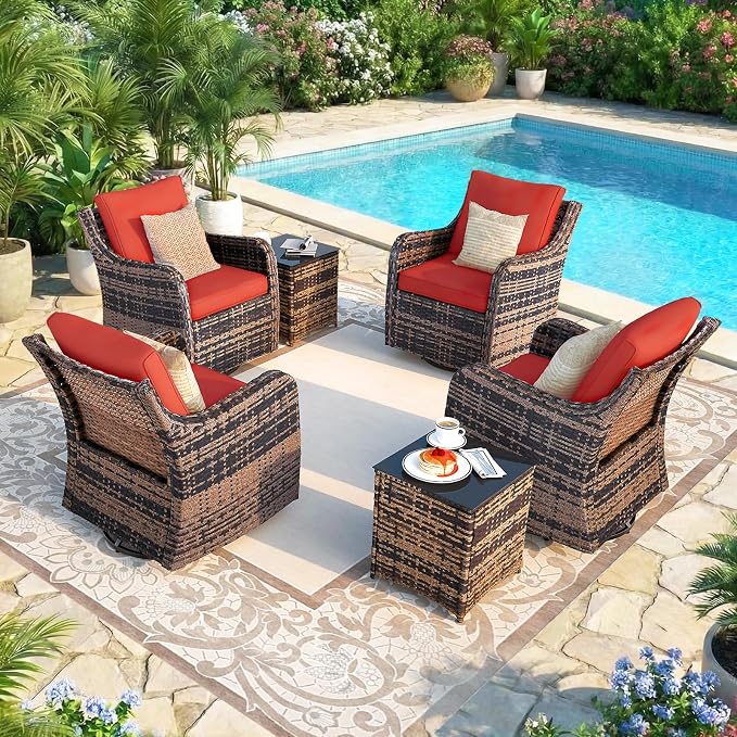 MEISSALIVVE Outdoor Patio Furniture Set with Swivel Chair, 6 Pieces Patio Conversation Set, Patio Sectional Furniture Set with 4 Swivel Rocker Patio Chair and 2 Side Table (Red)