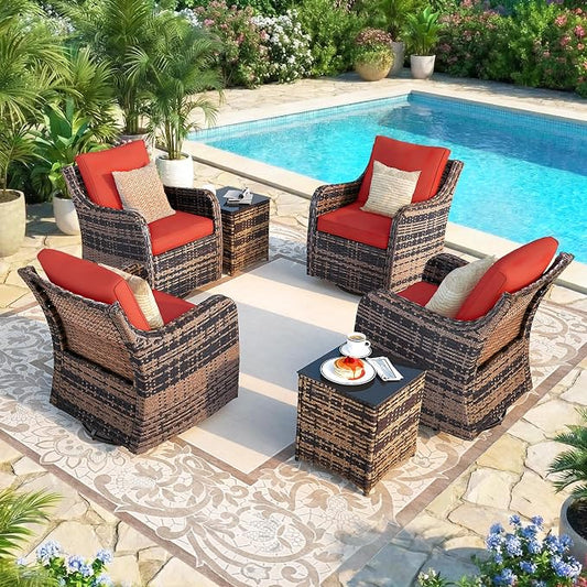 MEISSALIVVE Outdoor Patio Furniture Set with Swivel Chair, 6 Pieces Patio Conversation Set, Patio Sectional Furniture Set with 4 Swivel Rocker Patio Chair and 2 Side Table (Red)