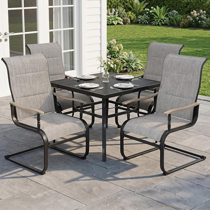 NUU GARDEN 5-Piece Outdoor Dining Set, Grayish Brown C-Spring Chairs | 37" square metal table with umbrella hole, 4 C-spring motion textilene chairs with stylish wood-grain armrests