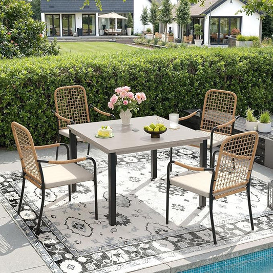 DIFY 5 Pieces Outdoor Dining Set, Metal Patio Table and Chairs Set for 4, 40.2" Square Dining Table with Umbrella Hole & Wicker Stackable Patio Chairs with Cushions, Grey Wood-Like Tabletop