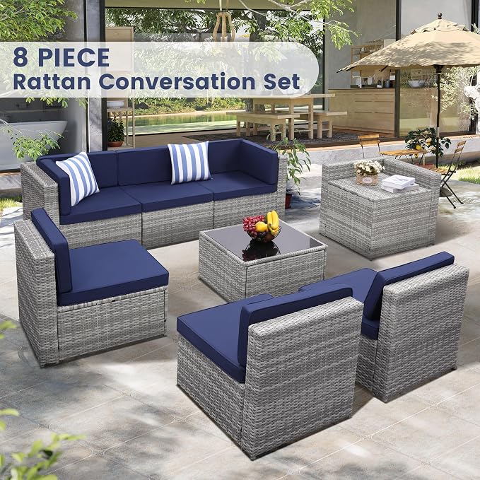 KROFEM 8 Piece Patio Furniture Set, Outdoor Modular Conversation Set, Blue | UV Treated Wickers, Machine Washable Cushions, Seats 6, 2 Hidden Storage Compartments, Rustproof Frame, Waterproof