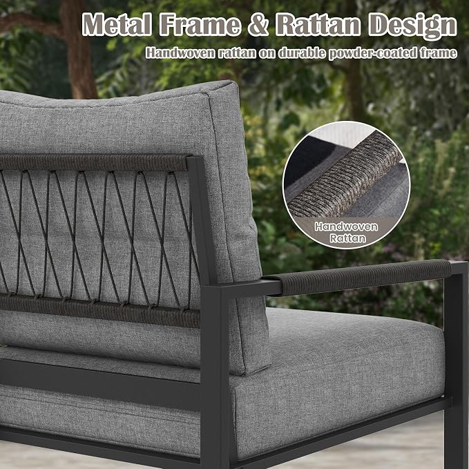 3 Pieces Rattan Outdoor Furniture Set, All-Weather Patio Conversation Set with Dark Grey Cushions and Coffee Table for Garden, Backyard, Balcony, Poolside