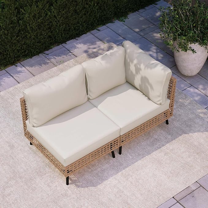 LAUSAINT HOME Outdoor 2 Pieces PE Wicker Patio Furniture Set, All-Weather Rattan Sectional Sofa with Thick Cushions for Garden, Yard and Balcony (Beige)